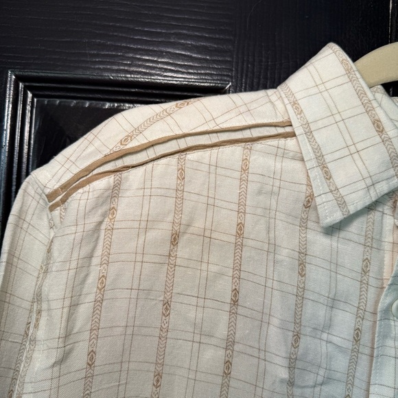 Cubavera Large Stone Beige+ Tan Aztec Plaid Khaki Trim Linen Rayon BD Shirt M - Picture 2 of 10